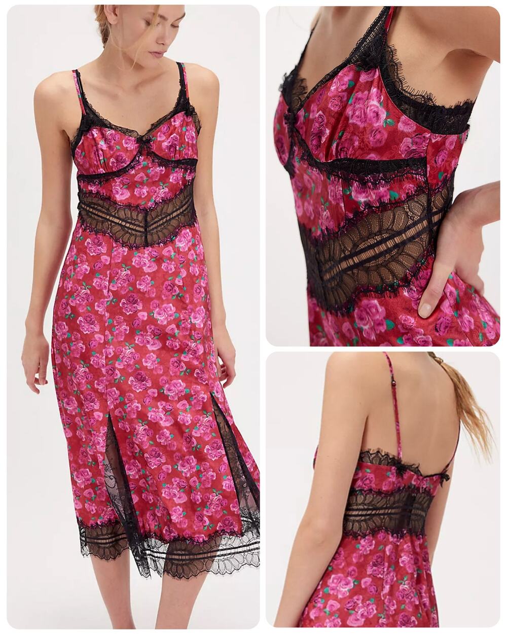 For Love & Lemons NWT Bellamy Floral Lace Slip Midi Dress Pink Black Size Small